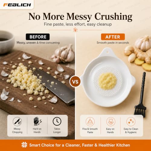 Image of Ceramic Garlic Grater Plate with Brush Manual Crusher Grinder Tool for Ginger, Garlic, Turmeric, Nutmeg, Fruits & Vegetables Durable, Easy to Clean, Non-Slip Kitchen Utensil (Large)