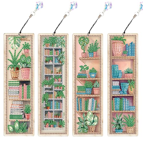 4 Pieces Diamond Painting Bookmarks for Adults Plant Bookshelf Design 5D Rhinestone Art Bookmark Kits Beautiful DIY Diamond Art Bookmarks with Tassels Crafts Gifts Supplies