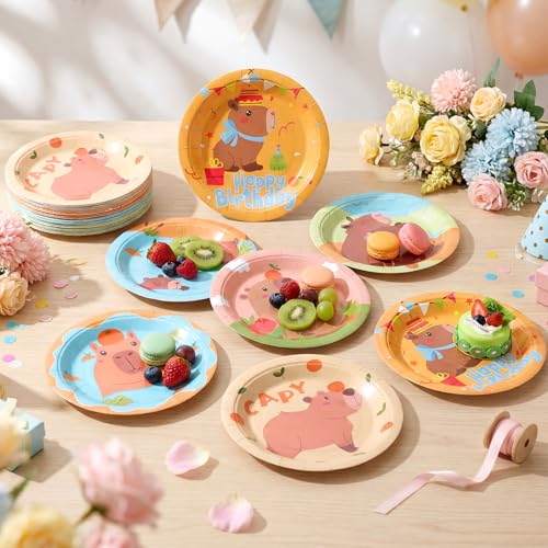 Image of Funnymoom 60 Pcs 7 Inch Capybara Birthday Paper Plates Cartoon Cute Capybara Disposable Dessert Plates Animal Party Decorations for Animal Birthday Baby Shower Summer Pool Party Supplies