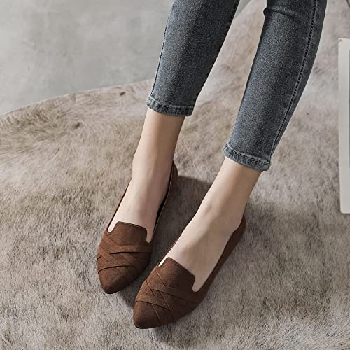 Ataiwee Women's Wide Width Flats Shoes - Classic Office Suede Pointed Slip On Ballet Shoes.(1910005-7,Br/Mf,7 W) #TOP5