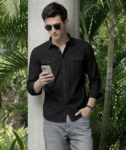 Image of IndoPrimo Men's Cotton Shirt with Stylish Flap Pockets Full Sleeves Spread Collared Neck Solid Pattern Western Style Classic Fit and Standard Length