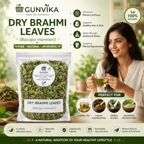 Image of Dry Brahmi Leaves | Brahmi Herb (Bacopa Monnieri) | Natural Ayurvedic Brahami Dry Leaves for Herbal Tea & Kadha | Pure Dried Brhami Patti - 100 gm
