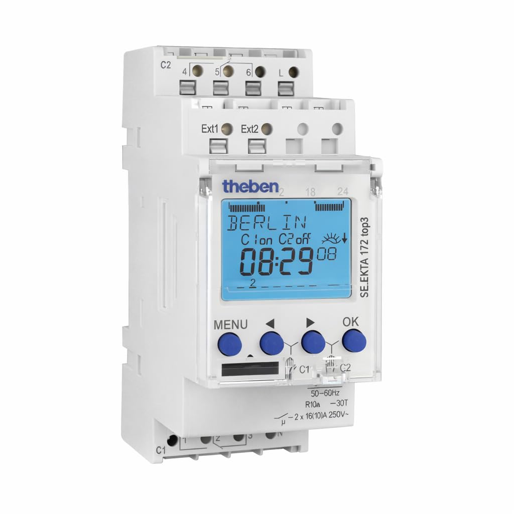 Theben 1720130 SELEKTA 172 top3 Interruptor horario astronómico 2 Canales | programa semanal, 10 años de reserva de marcha, 2 entradas ext., conmutación/bloqueo de canal, 1 min, 600 W LED, 800 A/200 µs