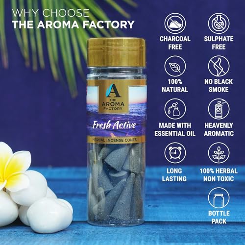 Image of The Aroma Factory Incense Dhoop Cone for Pooja, Fresh Active (100% Herbal & 0% Charcoal) 1 Bottle x 30 Cones