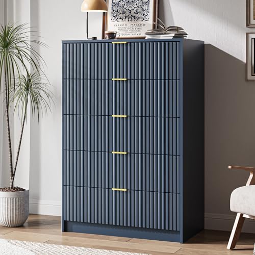 Image of MAISONARIA 5 Drawer Dresser for Bedroom, Tall Dresser Chest of Drawers with Gold Handles, 32 Inch Wide Nightstand with for Bedroom, Living Rooms, Offices, and Entryways, Navy Blue