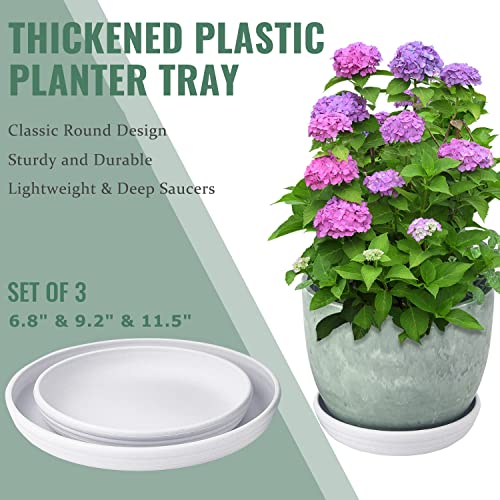 Sungmor Plastic Plant Saucer Drip Trays - Set Of 3 (6.8" & 9.2" & 11.5") Grey White Plant Pot Saucers Plates - Round Flowerpot Drip Tray For Indoor & Outdoor Potted Plants #TOP3
