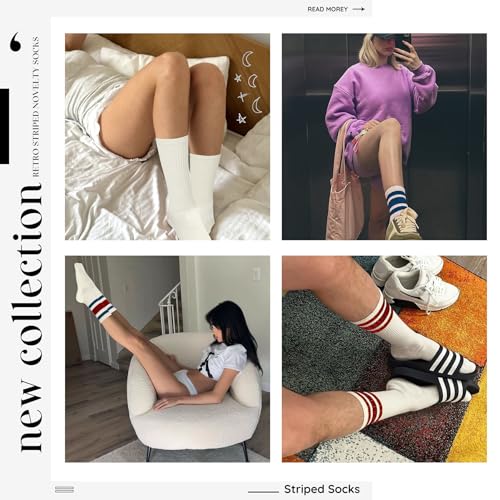 Image of Zando Novelty Striped Retro Vintage Casual Crew Socks for Women - Cotton Sporty Calf Socks
