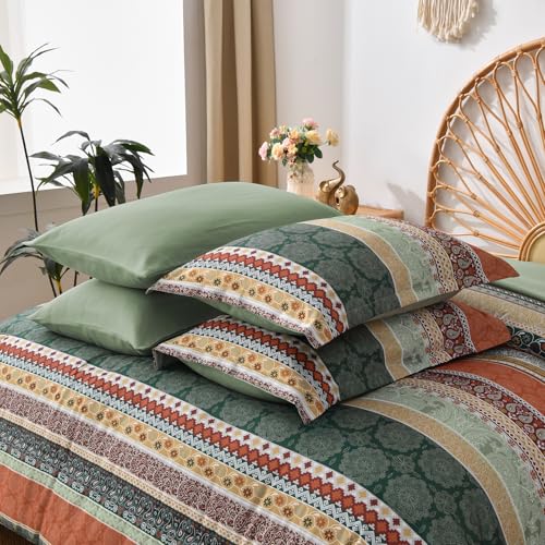 Image of Cottolester Boho Comforter Set Full Size,8 Pieces Sage Green and Orange Bohemian Striped Bed in a Bag,Paisley Soft Microfiber Bedding Comforter Set