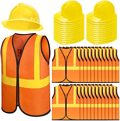 48 Pieces Kids Construction Worker Costume Includes 24 Pcs Construction Hats and 24 Pcs Construction Vests for Kids Birthday Party Halloween Construction Worker Costume Favor Decoration