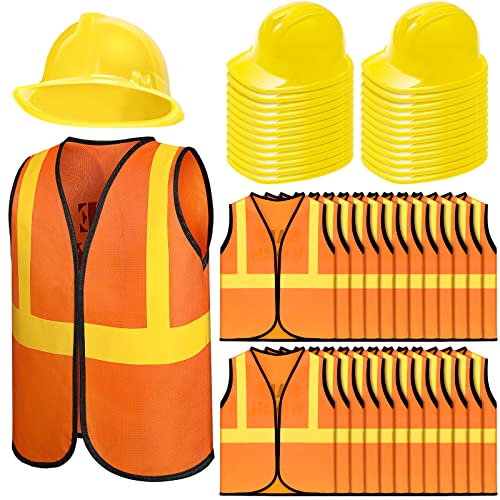 Hillban 48 Pcs Kids Construction Worker Costumes Includes 24 Pcs Construction Vests and Hats for Kids Birthday Party Halloween Worker Costume Cosplay Favor Decoration