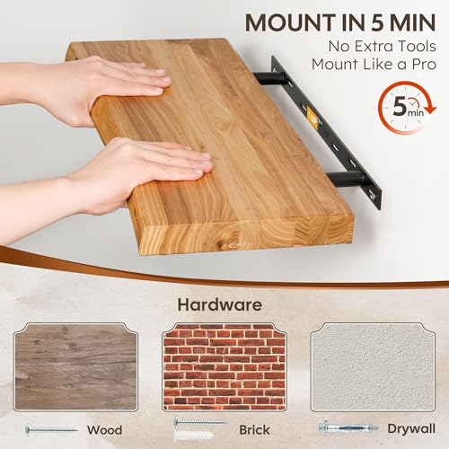 Image of 48 inch Floating Shelves, Solid Elm Wood, Natural Live Edge