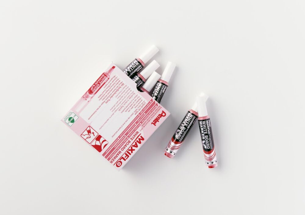 Pentel Maxiflo MWL6 Lot de 12 Marqueurs effaçables à sec pour tableaux blancs Pointe biseautée large Encre liquide Rouge