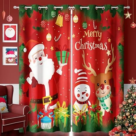 DIVA EN CAMINO DEC Xmas Curtains Living Room 52 x 84 inch, 2 Panels Grommet Printed Fabric Decorations Blackout Curtains, Thermal Insulated Holiday Red Window Drapes Panel for Bedroom and Indoor Cover