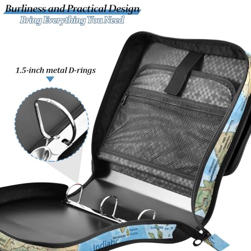 Image of 3 Ring Zipper Binder with Shoulder Strap World Map Blaue 1.5 inch Binders Keeper Large Capacity Multi Pockets for School Office Supplies