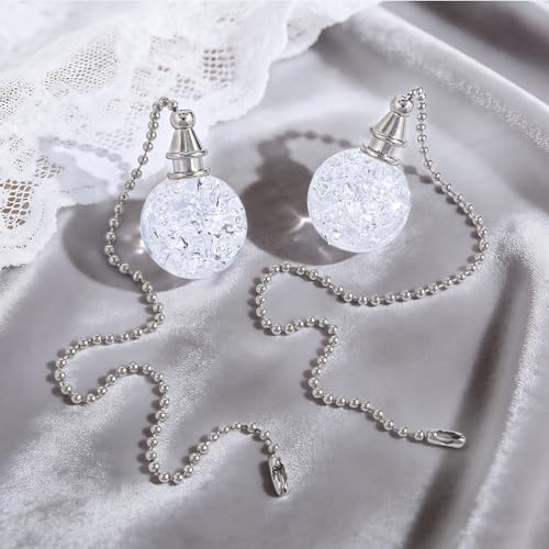 Image of 2 Pack White Glass Ceiling Fan Pull Chain, Fan Lamp String Pulls Crystal Decorative Extension, 12 Inches Ball Chains Extender Ornament with Connector