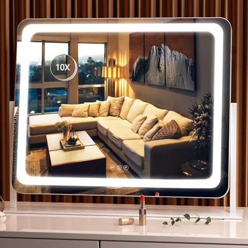 Hasipu Vanity Mirror with Lights, 24.2" x 18.9" LED Make up Mirror, Light up Mirror with 10X Magnification, Smart Touch 3 Colors Dimmable, 360° Rotation (White)