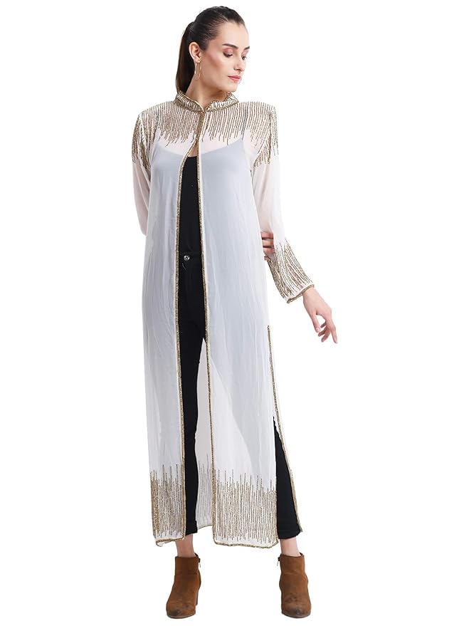 Image of Matelco Women Georgette Floor Length Hand Embroidered Embellished Longline Front Open Shrug Dress