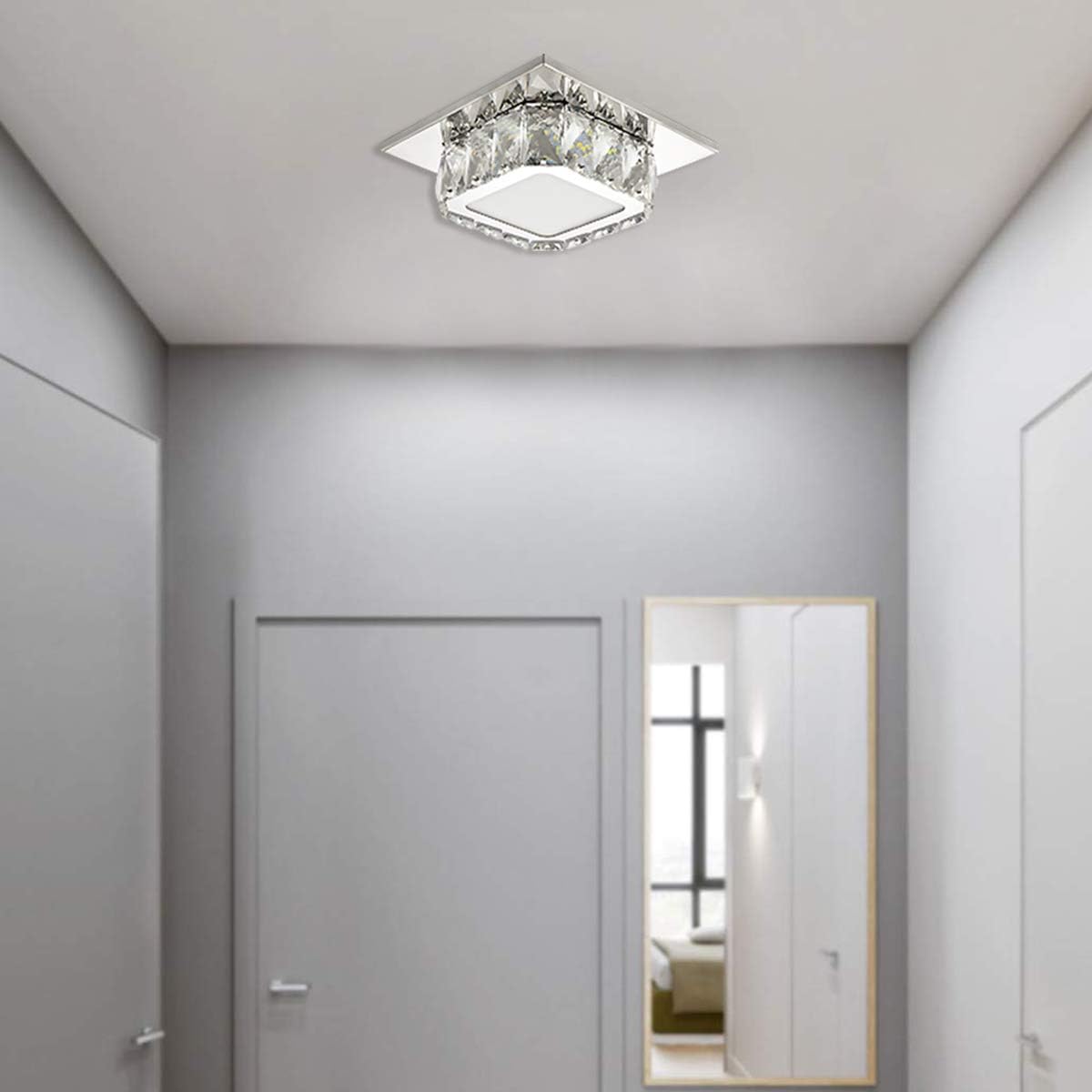 Ganeed Modern LED Ceiling Light,7.9Inch Stainless Steel K9 Crystal Flush Mount Lights Fixture,Mini Square Chandelier Ceiling Lamp for Dining Room Living Room Bedroom Hallway (12W / 6500K / Cool White)