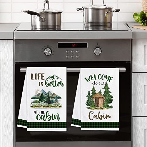 Hexagram Cabin Decor, Cabin Kitchen Towels Set Of 4, Farmhouse Bear Deer Tea Towels, Log Cabin Decor, Rustic Decorative Hand Towels For Kitchen, New Home Housewarming Gifts #TOP3