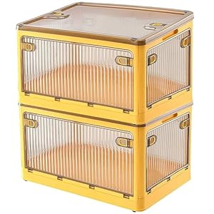 Creahaus 2 Piece Storage Box Set with Lid, 28 Litre Stackable Storage Box with Wheels, Collapsible 5 Door Storage Box, Toy Organiser, Storage Cabinet (Jaune)