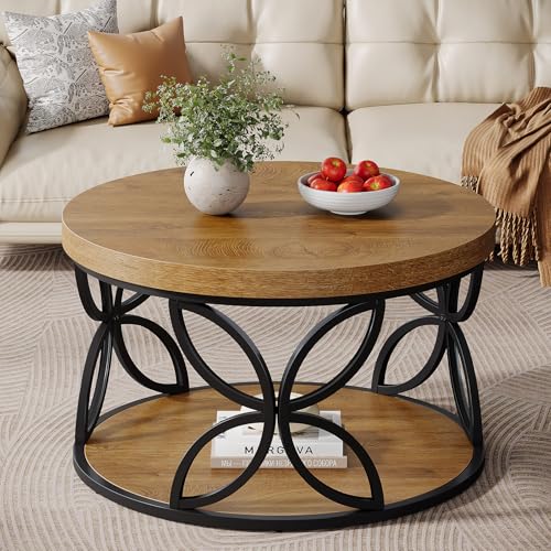 Tribesigns Table Basse Ronde avec Rangement 80 cm, Table Basse Industrielle à 2 Niveaux, Table de Salon Bois et Métal, Table Centrale pour Salon, Séjour, Appartement et Bureau (Marron)
