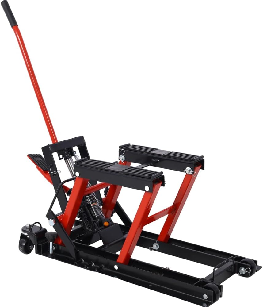 Hydraulic Motorcycle Lift Jack, 1500 LBS Capacity Scissor Lift Jack, Portable Motorcycle Lift Table with 4 Wheels, Hydraulic Foot-Operated H-oist Stand for Motorcycle UTV Black+Red One Size