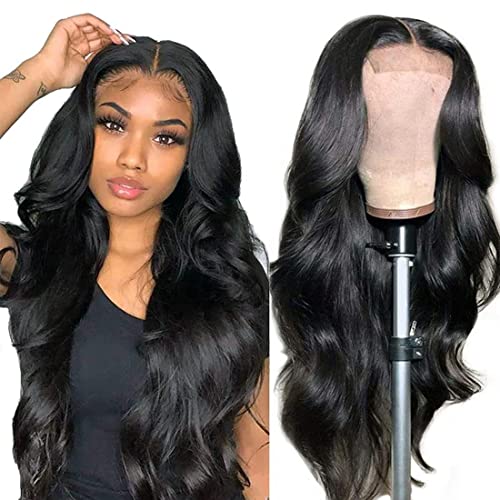 Body Wave Lace Front Wigs Human Hair for Black Women 4x1 T Part Lace Closure Wigs 150% Density Brazilian Body Wave Human Hair Wigs Pre Plucked Hairline with Baby Hair Natural Color 24 Inch