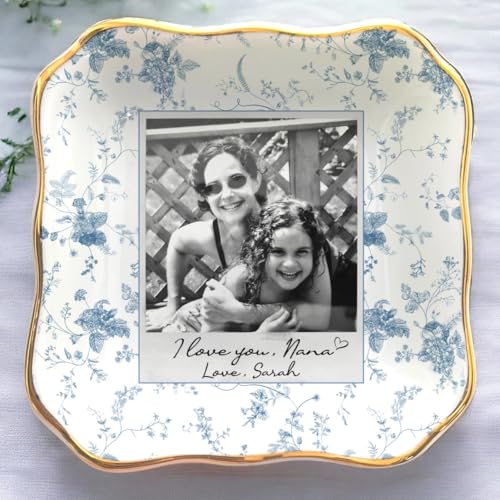 Anniversaree Custom Photo Mom Jewelry Dish, Toile De Jouy Picture Jewelry Tray Gift for Mom Grandma on Mothers Day Birthday, Mother of the Bride Wedding Day Keepsake Gift from Daughter