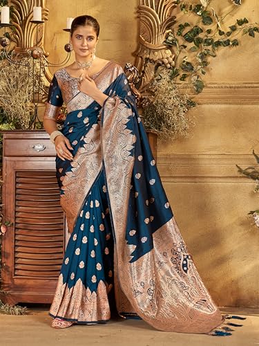 Image of Mehrang Women's Banarasi Silk Kanjivaram Saree For Wedding With Pure Zari Work, Woven Design, With Unstitched Blouse Piece