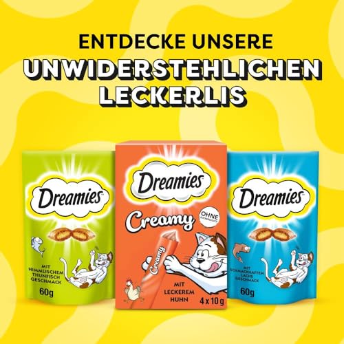 DREAMIES Katzensnacks - 12x60g - mit Huhn, Käse und Lachs - Traumhaft knusprige Katzen Leckerlies mit zarter Füllung - Variety Snack Box