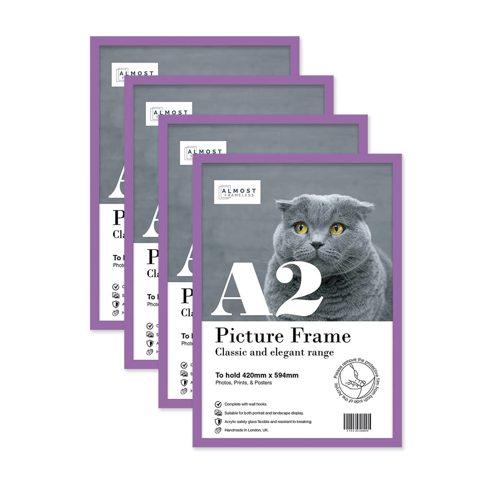 Almost Frameless A2 Purple Picture Frame Set of 4, Display A2 Picture Gallery Wall, Poster, Photo, Artwork, or Print, Purple