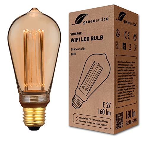 greenandco Lampadina Vintage LED Smart WiFi | E27 ST64 | 3,8W 160lm | 1800K | 320° | 230V | nessun sfarfallio | dimmerabile | Compatibile con Alexa e Google Assistant