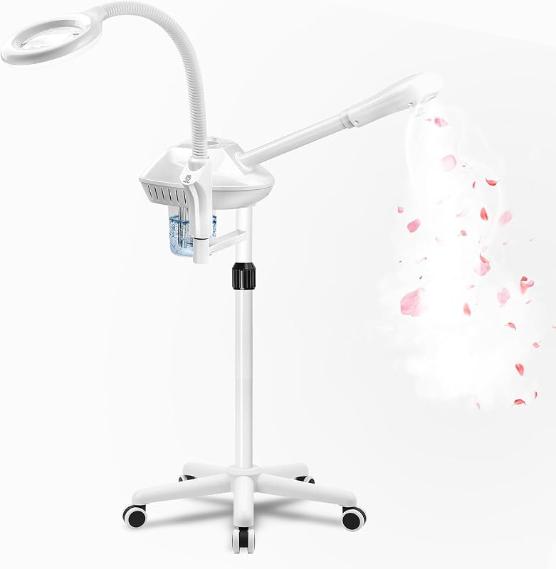 Salon Señor Vaporizador Facial Profesional con Lámpara de Aumento 5X,Blanco | Vaporizador facial de ozono sobre ruedas, limpieza e hidratación profunda, para uso doméstico o spa de belleza