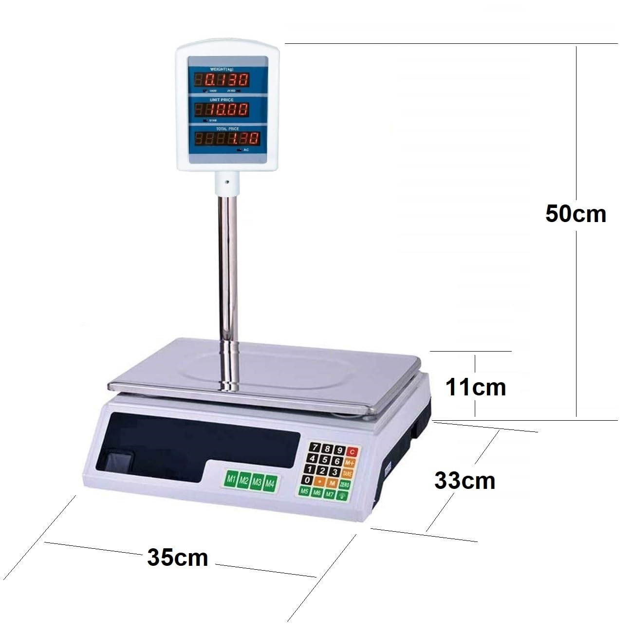 Bascula balanza Comercial para Pesar Fruta, verdura, carne. Peso 30kg Suma 2 en 1 bateria interna y corriente 220V inalambrica pantalla delantera y trasera telescopica.