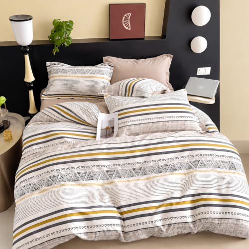 Image of Cotton Diwan Set Covers |8 Pieces Diwan Cover Set|300 TC Fabric| Pure Cotton Printed Deewan Set (1 Single Bedsheet, 2 Bolster Covers, 5 Cushion Covers)| (Cream Blue Yellow)