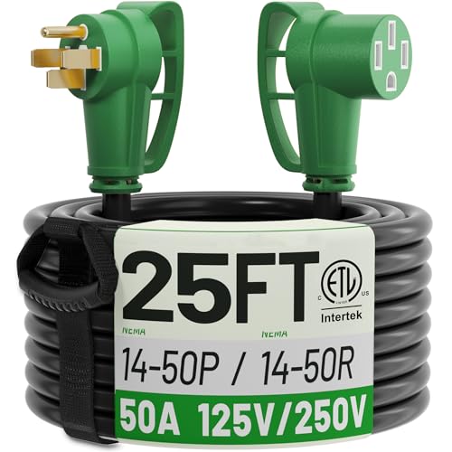 Image of NEMA 14-50P to 14-50R 25 FT 50 Amp RV /EV Extension Cord Outdoor | 25 Foot 4 Prong Heavy Duty RV Power Cord Waterproof with Cable Organizer, STW 50A 125 /250V 6250 /12500W, Green, ETL Listed