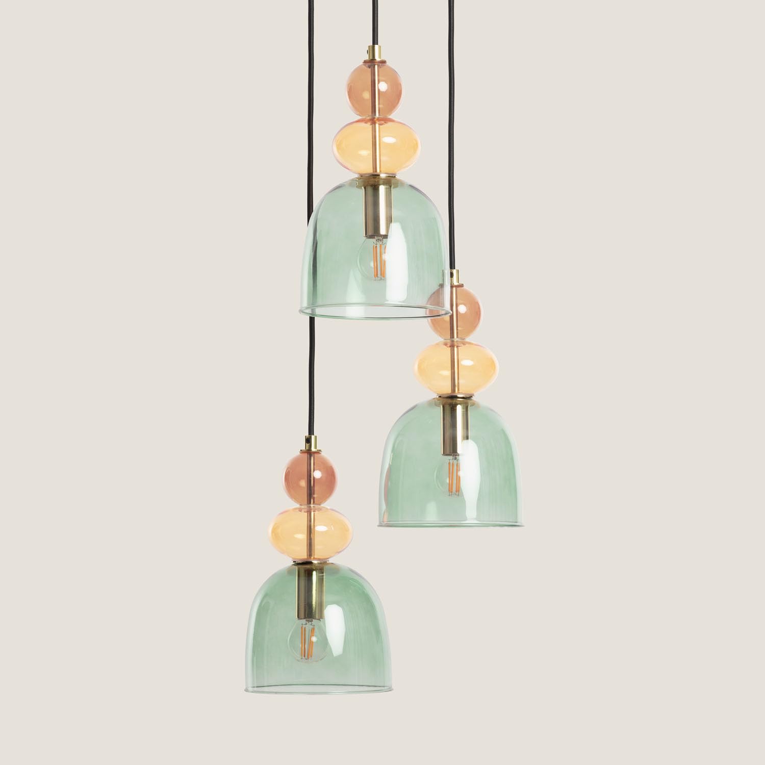 LEDKIA Lámpara Colgante Metal y Cristal Tri Baudelaire Verde | Diseño Vintage Elegante | Compatible con Bombillas E14 | Ideal para Salón; Dormitorio; Oficina