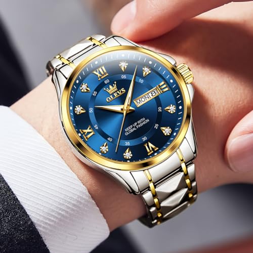 OLEVS Men's Blue Diamond Analog Quartz Watch 2906:two tone&blue - Image 3