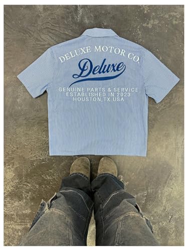 GORGLITTER Men's Cropped T Shirt Striped Button Up Letter Short Sleeve Collar Boxy Crop Tops2