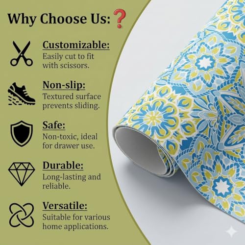 Image of Dribble EVA Shelf Liner Mat 45x500cm Roll, Non Slip Drawer & Cabinet Liner for Kitchen, Waterproof Oilproof Washable Fridge Mat, Anti Skid Cupboard Wardrobe Multipurpose Mat (Yellow /Blue)