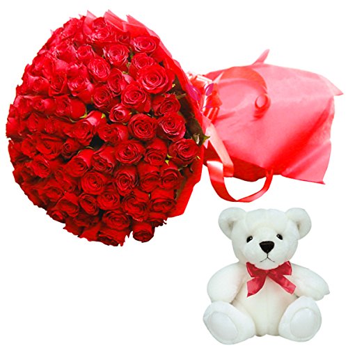 FloraZone (Love Century & Teddy Combo) Fresh Bouquet of 100 Red Roses