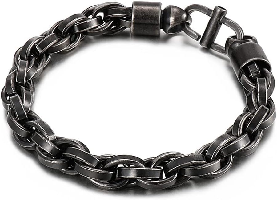 Retro Men's Rope Chain Bracelet Antique Black Stainless Steel Punk Cuban Wristband Bracelet, 22cm (8.66 inch)