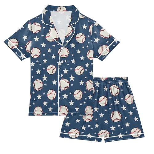 Cartoon Baseball and Star Summer Satin Pajama Set, Cute Button-Down Sleepwear Pj Set for Sleep Wears