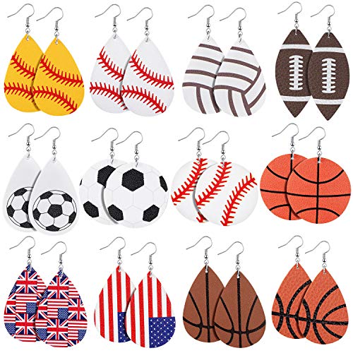 12 Pairs Faux Leather Earrings Teardrop Leather Earrings Baseball Basketball Football Earrings for Women and Girls Supplies