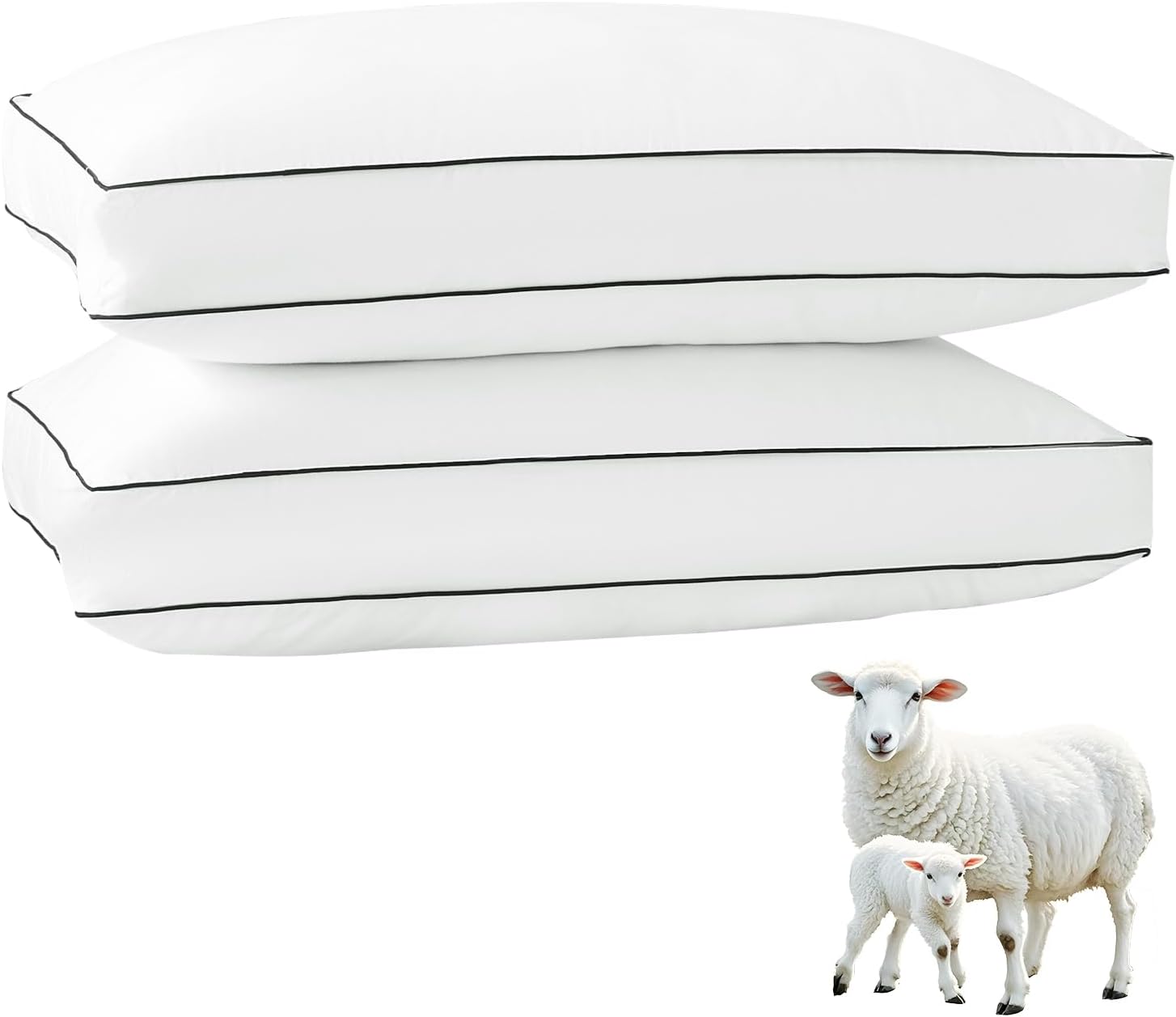 YOUR MOON Soft Organic Wool Pillow Standard Size Set of 2, Fluffy Thick Down Alternative Pillows for Side Sleeper, Support Gusseted Bed Pillow for Sleeping, 100% Cotton Cover (White)