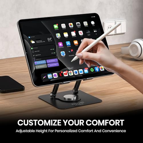 Image of iVOOMi Nimbus Tablet Stand for Desk with Cooling Vent, Adjustable 360 Rotating Tablet Holder, Foldable Metal iPad Stand for Tablets Up to 19 Inch, Black
