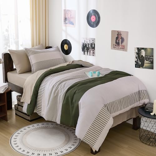Twin Size Comforter Olive Green Striped Comforters for Boys&Girls,5 Pieces