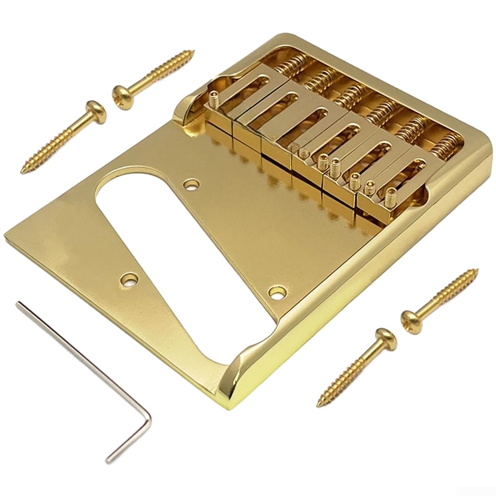 Ponte per chitarra in ottone, design asimmetrico, per chitarra elettrica stile Telecaster, con 6 selle regolabili e spaziatura precisa delle corde, finitura dorata (oro)