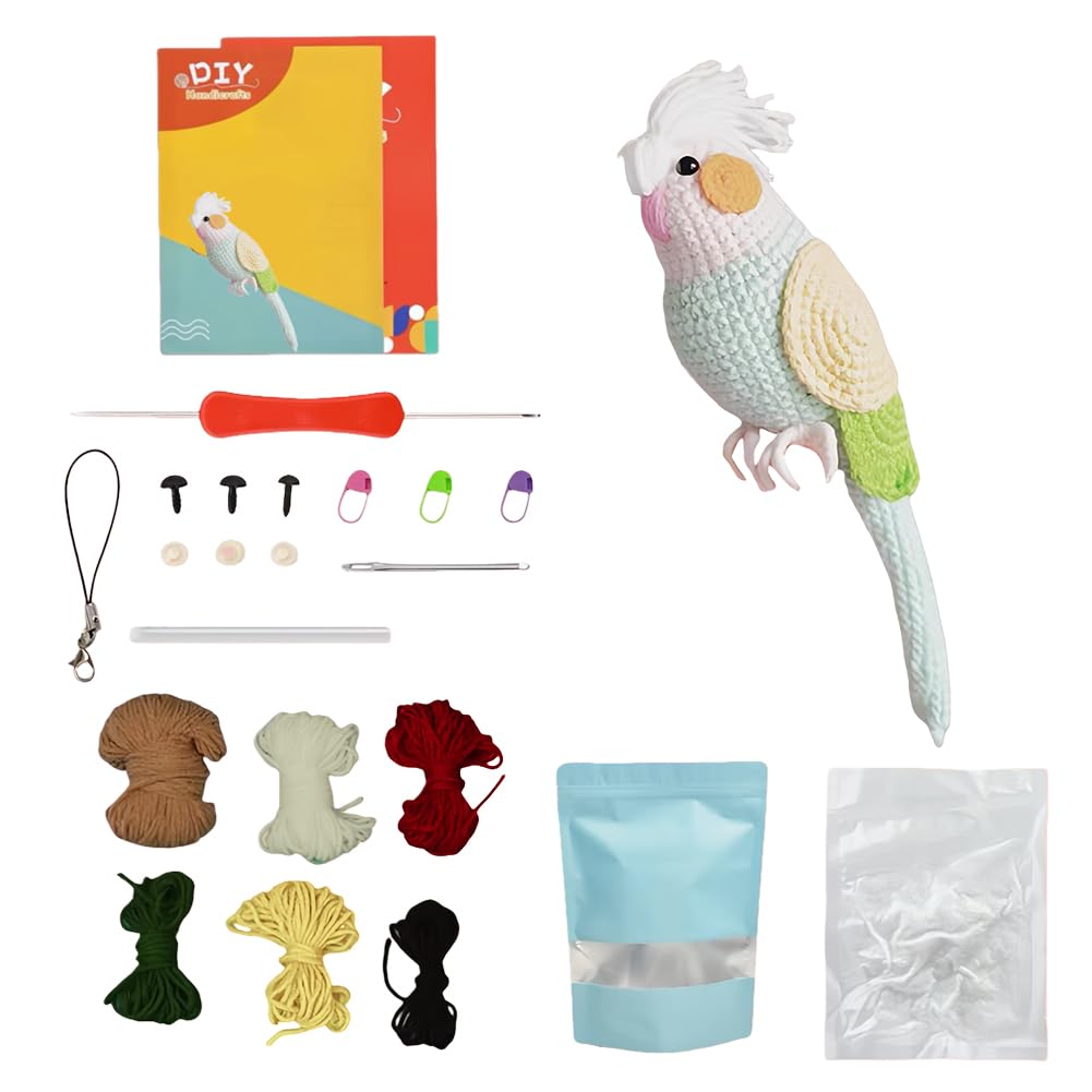 Beginners Crochet Kit -A Little Challenge - Complete Parrot Crochet Doll Gift With Cotton-Nylon Blend Yarn,Crochet Hook,Step Instruction Book Video Tutorials For Adults,Animal Lovers Gifts (Parrot)