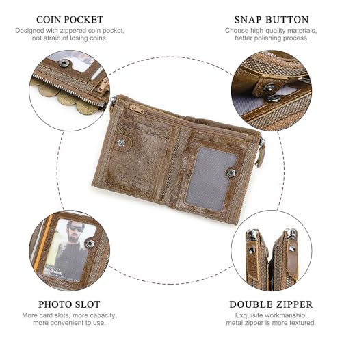 Leather RFID Blocking Bifold Wallets for men, Men's Genuine Leather Card Holder Purse Zipper Coin Pocket Double Zipper Bifold Wallet4